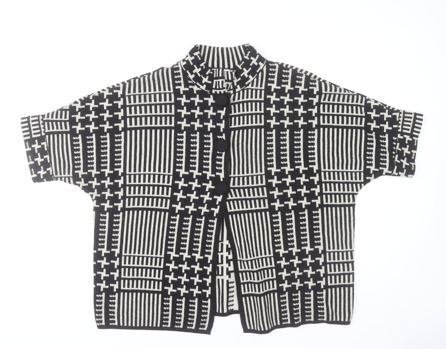 Tea Lane Women Black & Beige Short Sleeve Cardigan S Geometric Knit