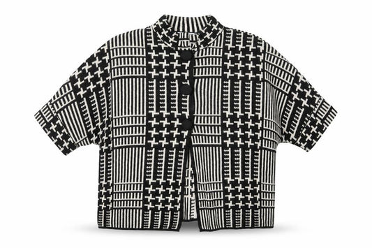Tea Lane Women Black & Beige Short Sleeve Cardigan S Geometric Knit