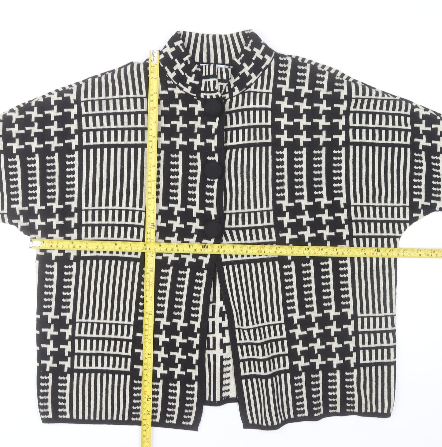 Tea Lane Women Black & Beige Short Sleeve Cardigan S Geometric Knit