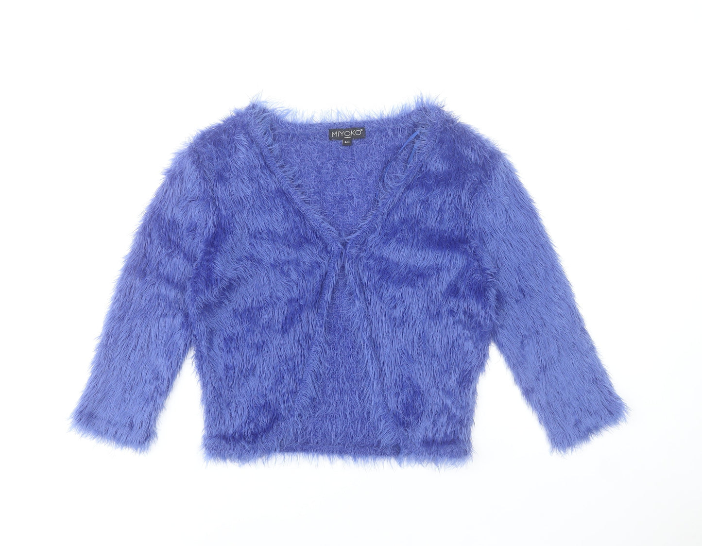 Miyoko London Women's Blue Fuzzy Knit V-Neck Cardigan S