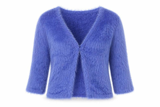 Miyoko London Women's Blue Fuzzy Knit V-Neck Cardigan S