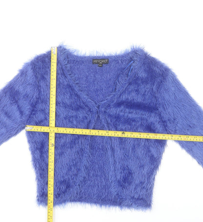 Miyoko London Women's Blue Fuzzy Knit V-Neck Cardigan S