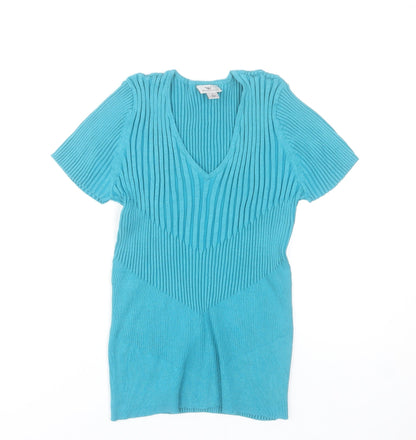 Worthington Women Blue V-Neck Ribbed Knit Top Size L