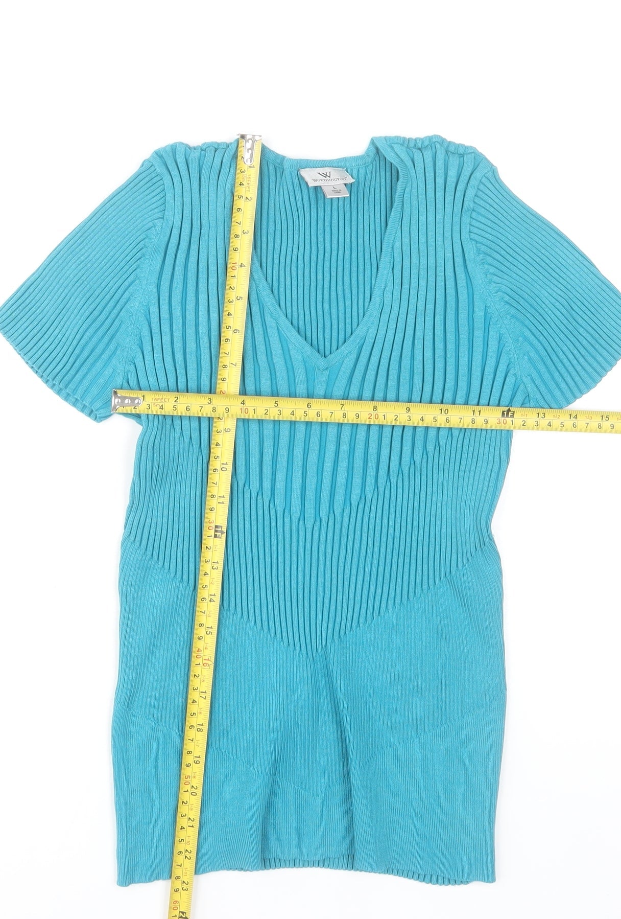 Worthington Women Blue V-Neck Ribbed Knit Top Size L