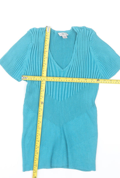 Worthington Women Blue V-Neck Ribbed Knit Top Size L