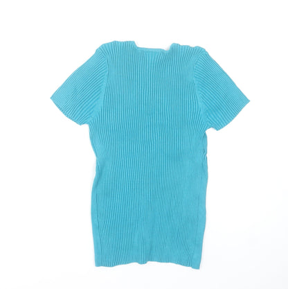 Worthington Women Blue V-Neck Ribbed Knit Top Size L