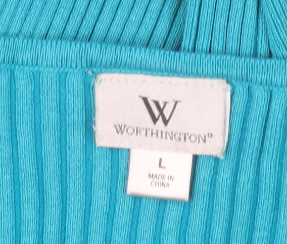 Worthington Women Blue V-Neck Ribbed Knit Top Size L