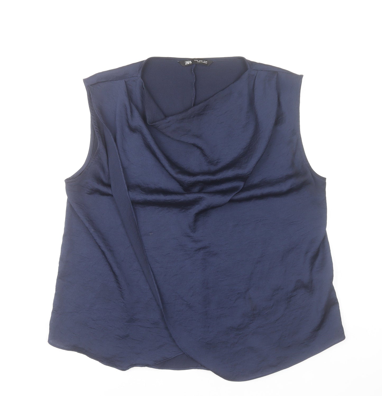 Zara Women Blue Sleeveless Cowl Neck Wrap Blouse XL