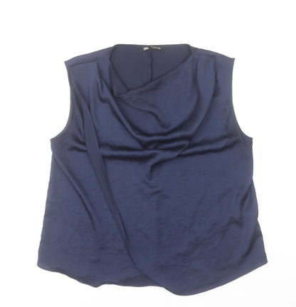 Zara Women Blue Sleeveless Cowl Neck Wrap Blouse XL