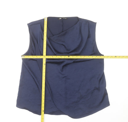 Zara Women Blue Sleeveless Cowl Neck Wrap Blouse XL