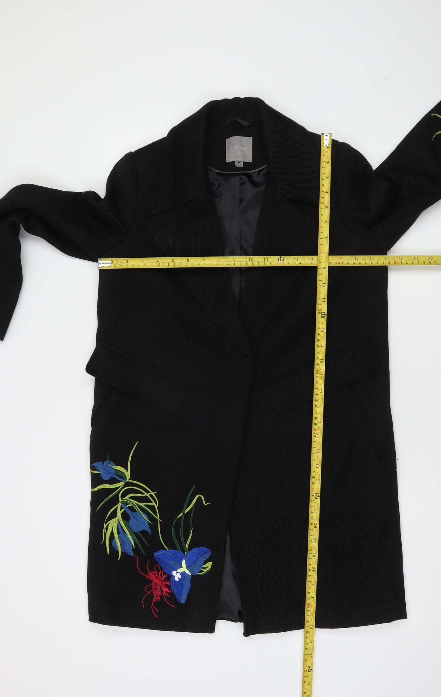 Next Women’s Black Floral Embroidered Long Coat Size 8