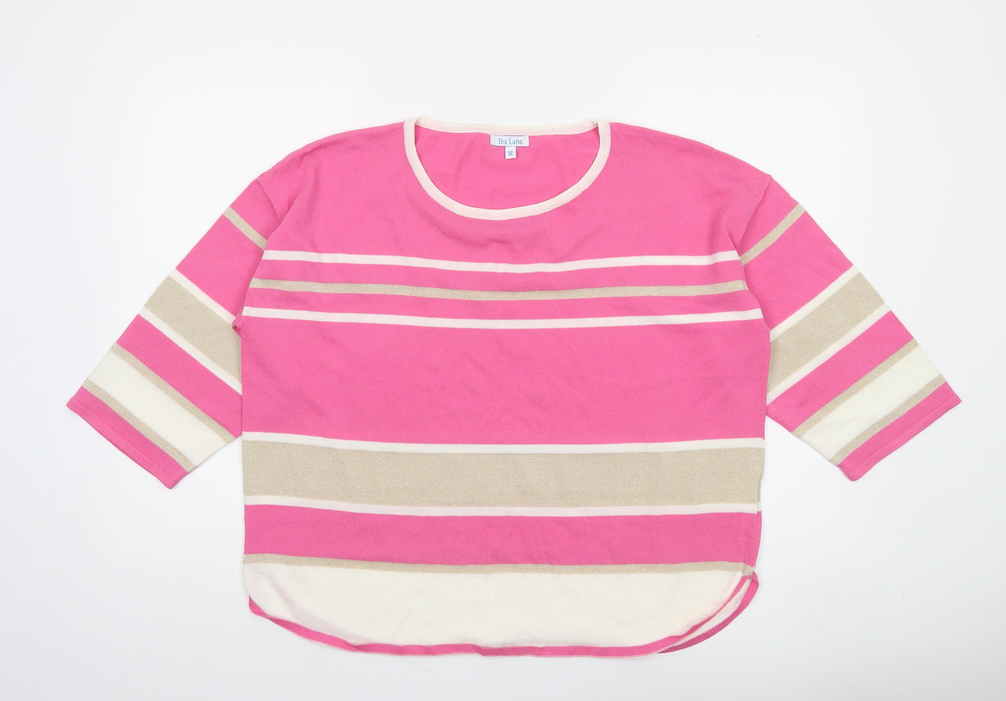 Tea Lane Women Pink Striped 3/4 Sleeve Pullover Jumper Size M Viscose Blend