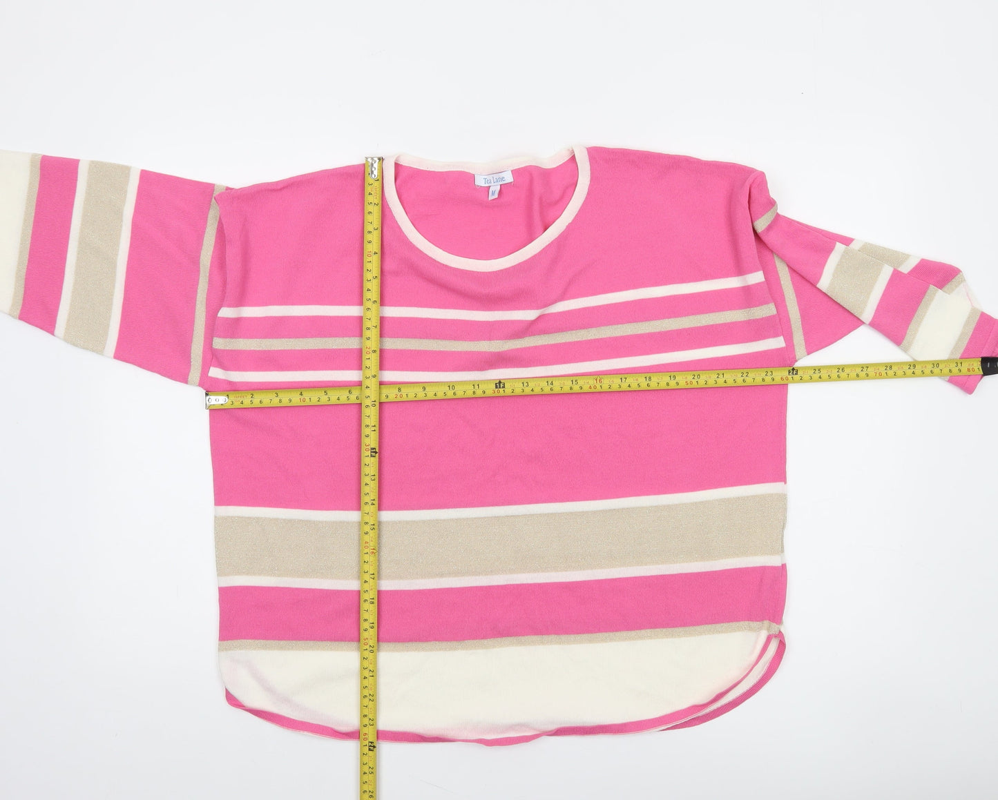 Tea Lane Women Pink Striped 3/4 Sleeve Pullover Jumper Size M Viscose Blend