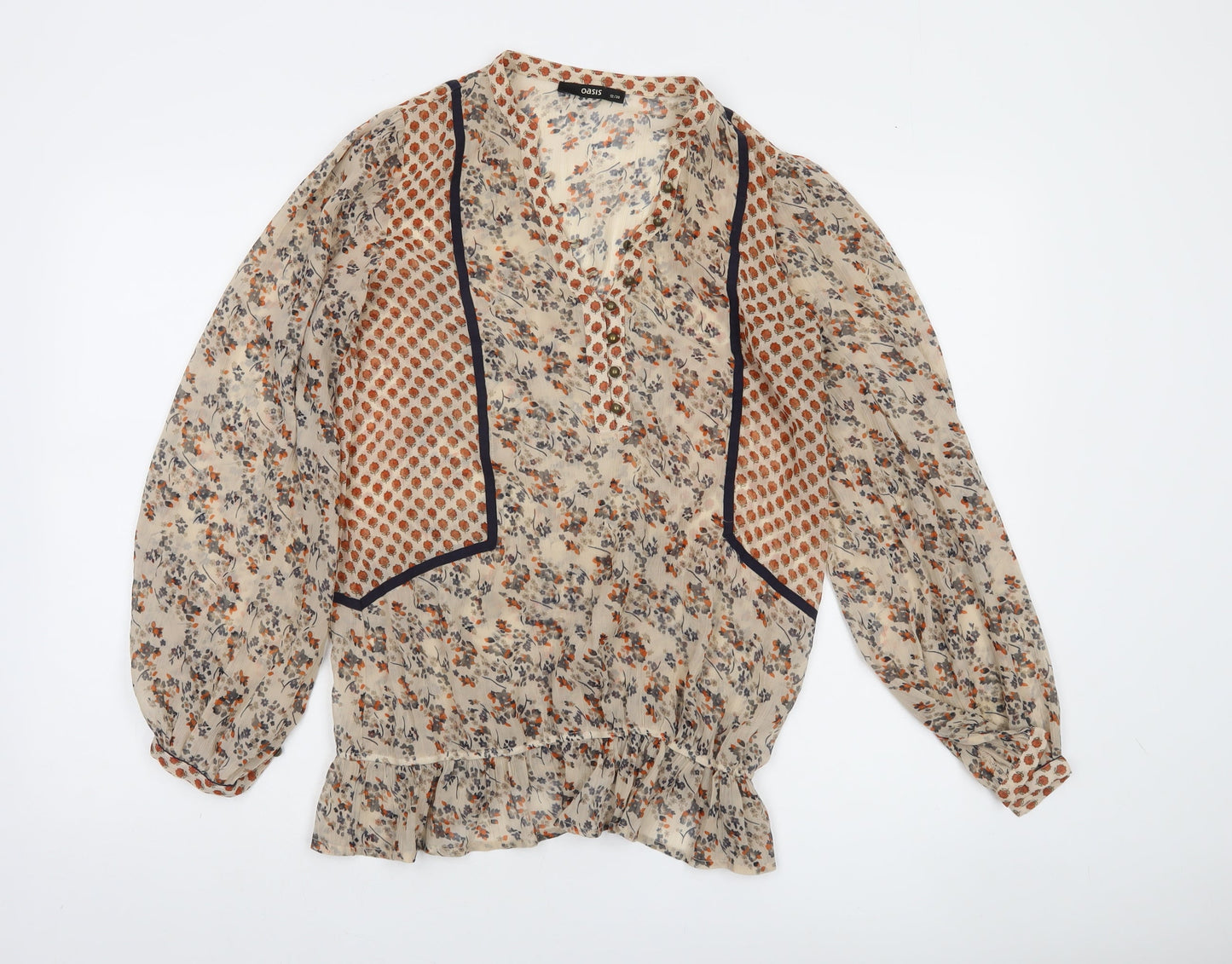 Oasis Women's Beige Floral Ruffle Bohemian Blouse Size 12