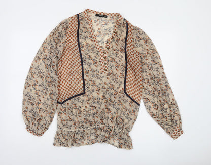 Oasis Women's Beige Floral Ruffle Bohemian Blouse Size 12