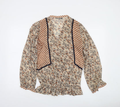 Oasis Women's Beige Floral Ruffle Bohemian Blouse Size 12