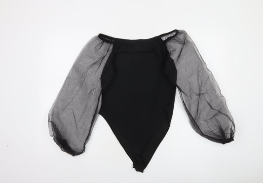 Boohoo Women Black UK 12 Off Shoulder Sheer Sleeve Bodysuit