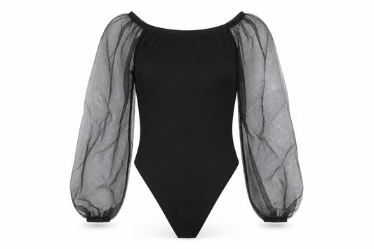 Boohoo Women Black UK 12 Off Shoulder Sheer Sleeve Bodysuit