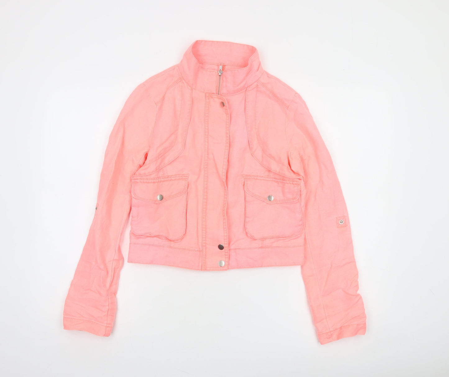 Stradivarius Women Pink Cropped Bomber Jacket Size 12 Ramie Cotton