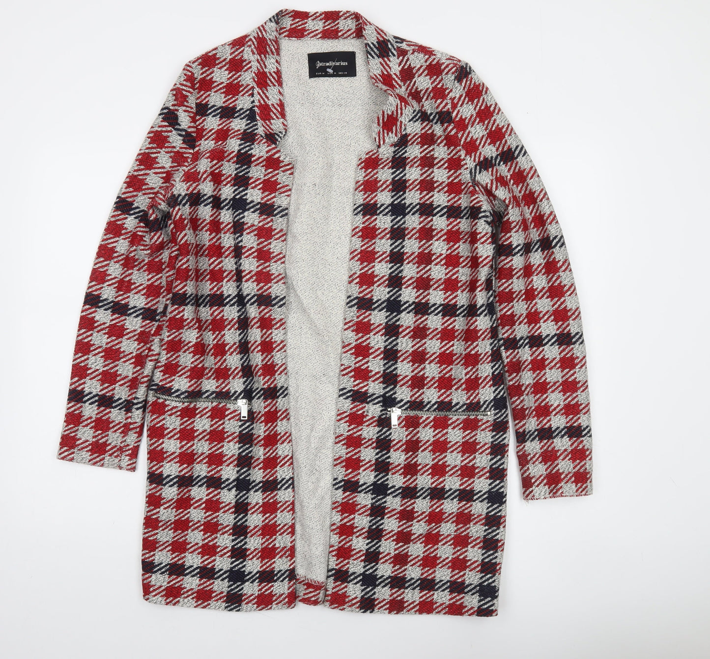 Stradivarius Women Red Check Mid-Length Coatigan Size 12