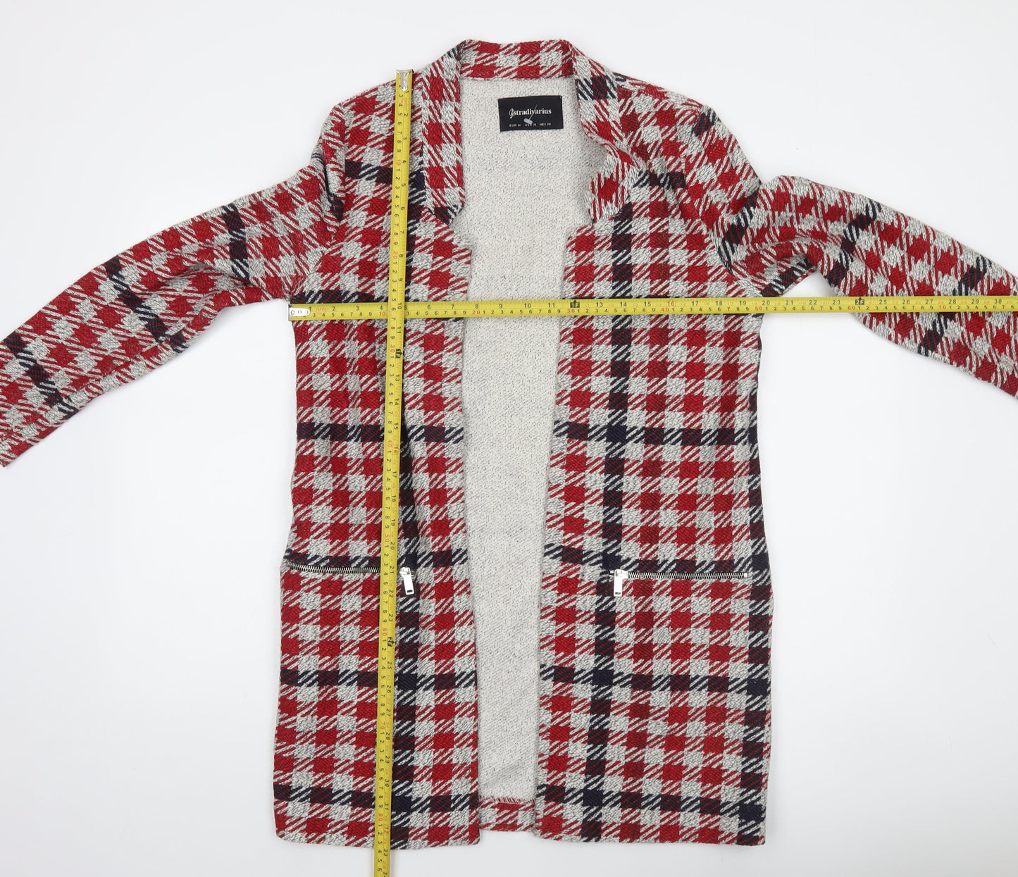 Stradivarius Women Red Check Mid-Length Coatigan Size 12
