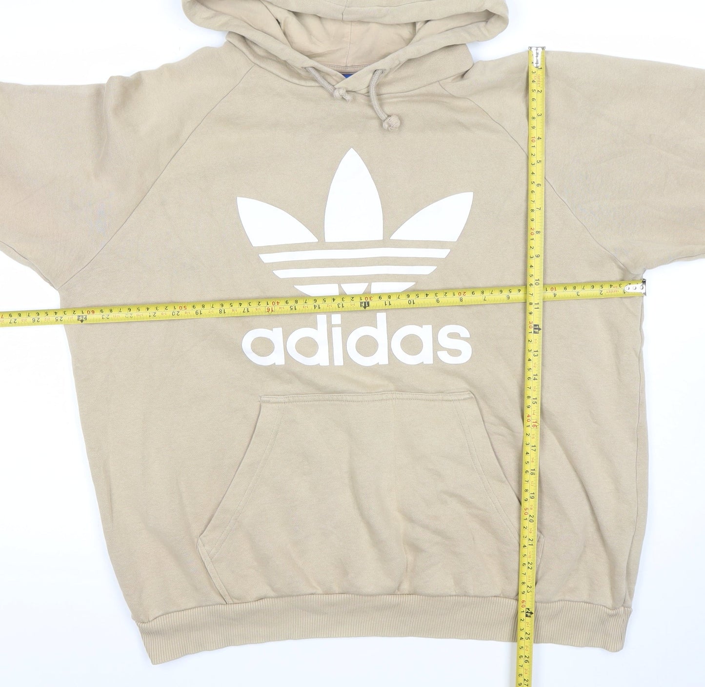Adidas Women Beige Hooded Pullover Hoodie L Cotton Blend Logo Print