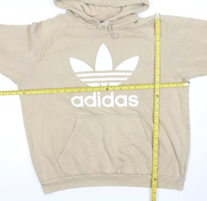 Adidas Women Beige Hooded Pullover Hoodie L Cotton Blend Logo Print