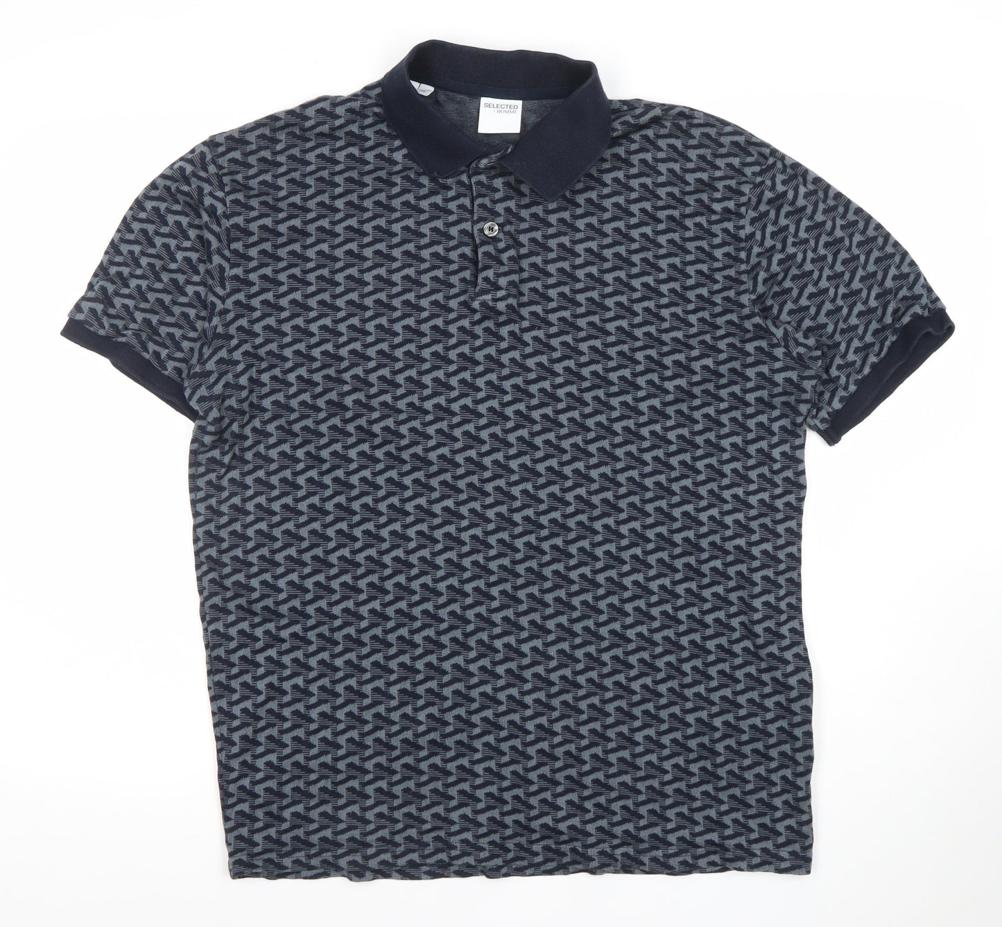 Selected Homme Men's Blue Geometric Cotton Polo Shirt Size L