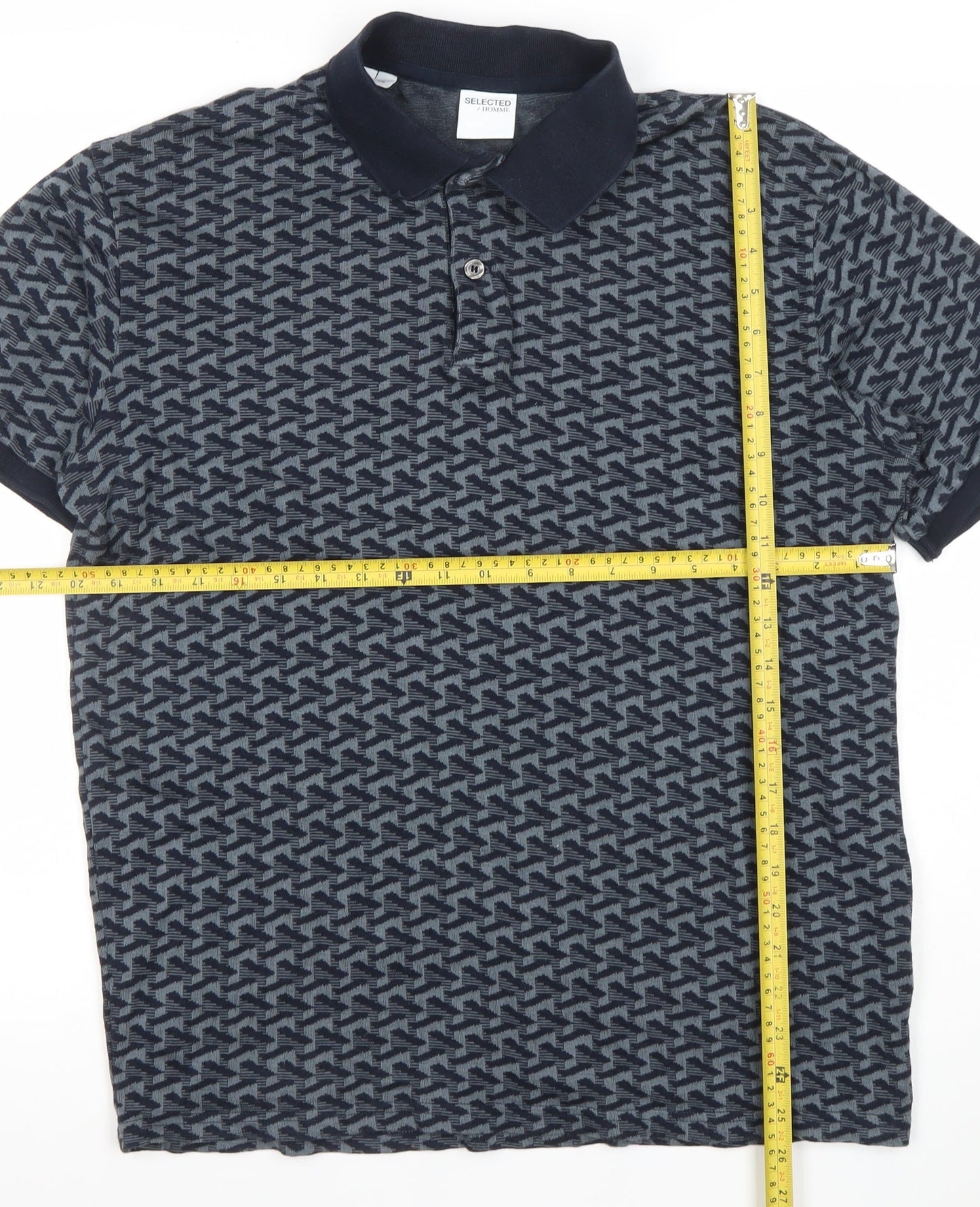 Selected Homme Men's Blue Geometric Cotton Polo Shirt Size L
