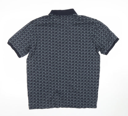 Selected Homme Men's Blue Geometric Cotton Polo Shirt Size L
