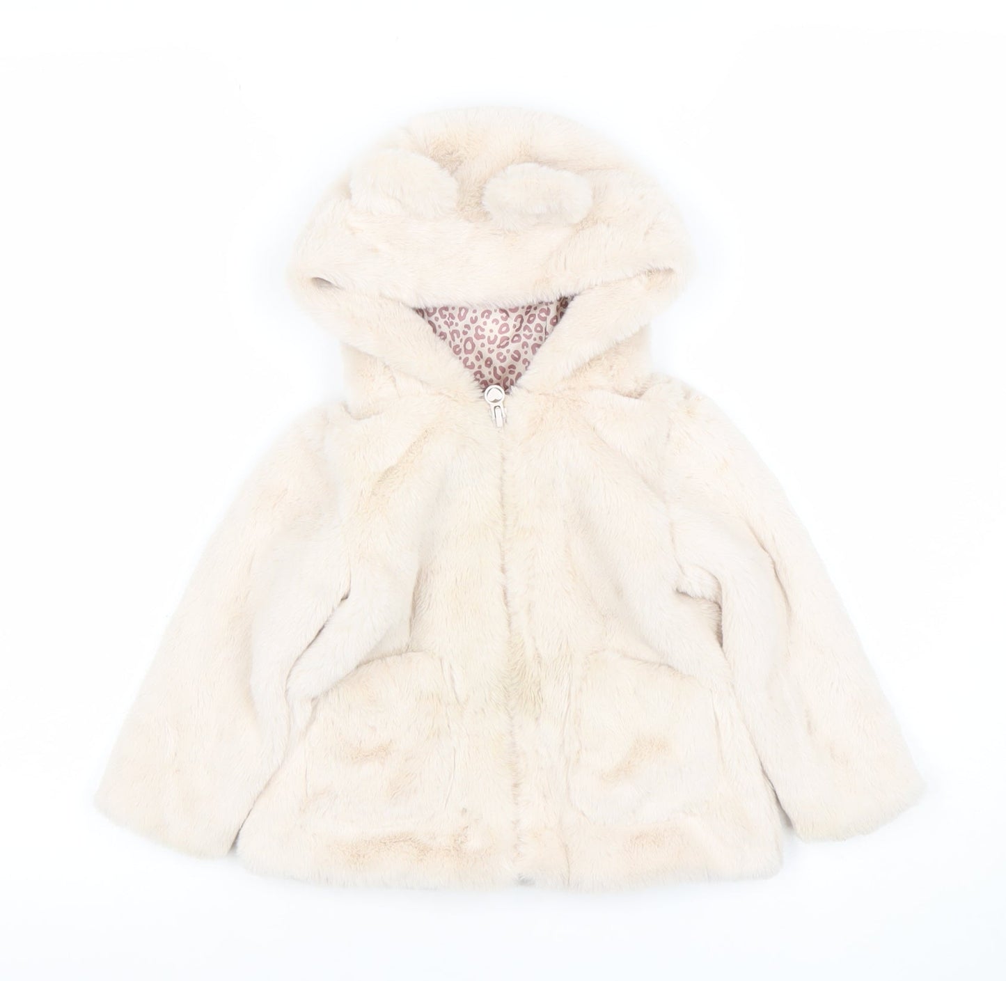 Dunnes Stores Girls Beige Faux Fur Hooded Coat 12-18 Months Lined Zip Jacket