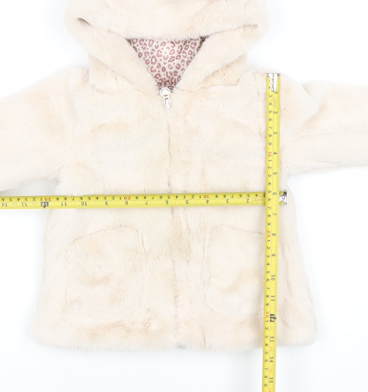 Dunnes Stores Girls Beige Faux Fur Hooded Coat 12-18 Months Lined Zip Jacket