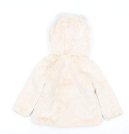 Dunnes Stores Girls Beige Faux Fur Hooded Coat 12-18 Months Lined Zip Jacket