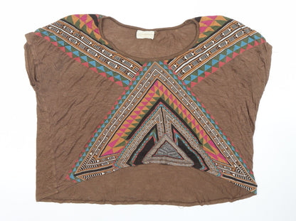 WkShp Women's Brown Aztec Geometric Cropped T-Shirt in Rayon Blend Size S