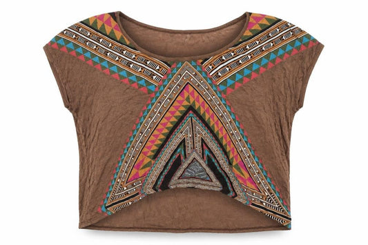 WkShp Women's Brown Aztec Geometric Cropped T-Shirt in Rayon Blend Size S