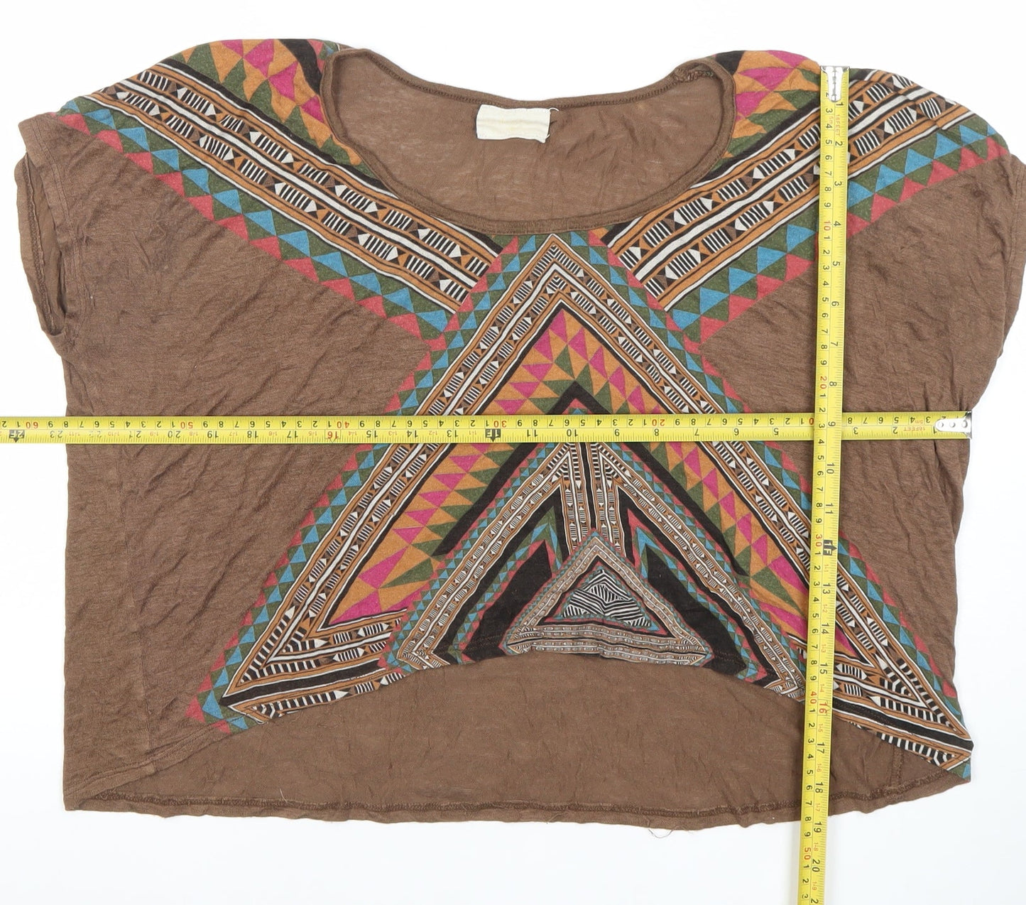 WkShp Women's Brown Aztec Geometric Cropped T-Shirt in Rayon Blend Size S