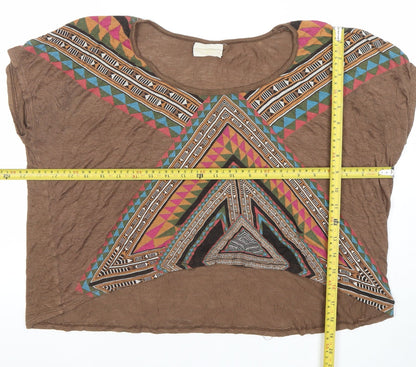 WkShp Women's Brown Aztec Geometric Cropped T-Shirt in Rayon Blend Size S