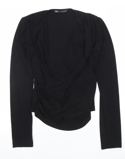 Zara Women Black Wrap Long Sleeve Blouse Size M