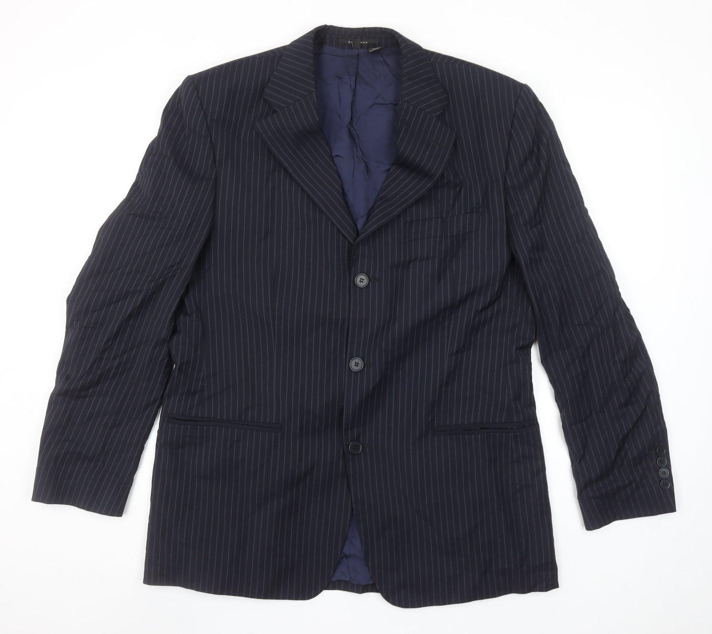 Zara Man Blue Pinstripe Wool Blazer Jacket Men's Size 42 Classic Fit