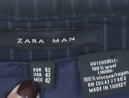 Zara Man Blue Pinstripe Wool Blazer Jacket Men's Size 42 Classic Fit