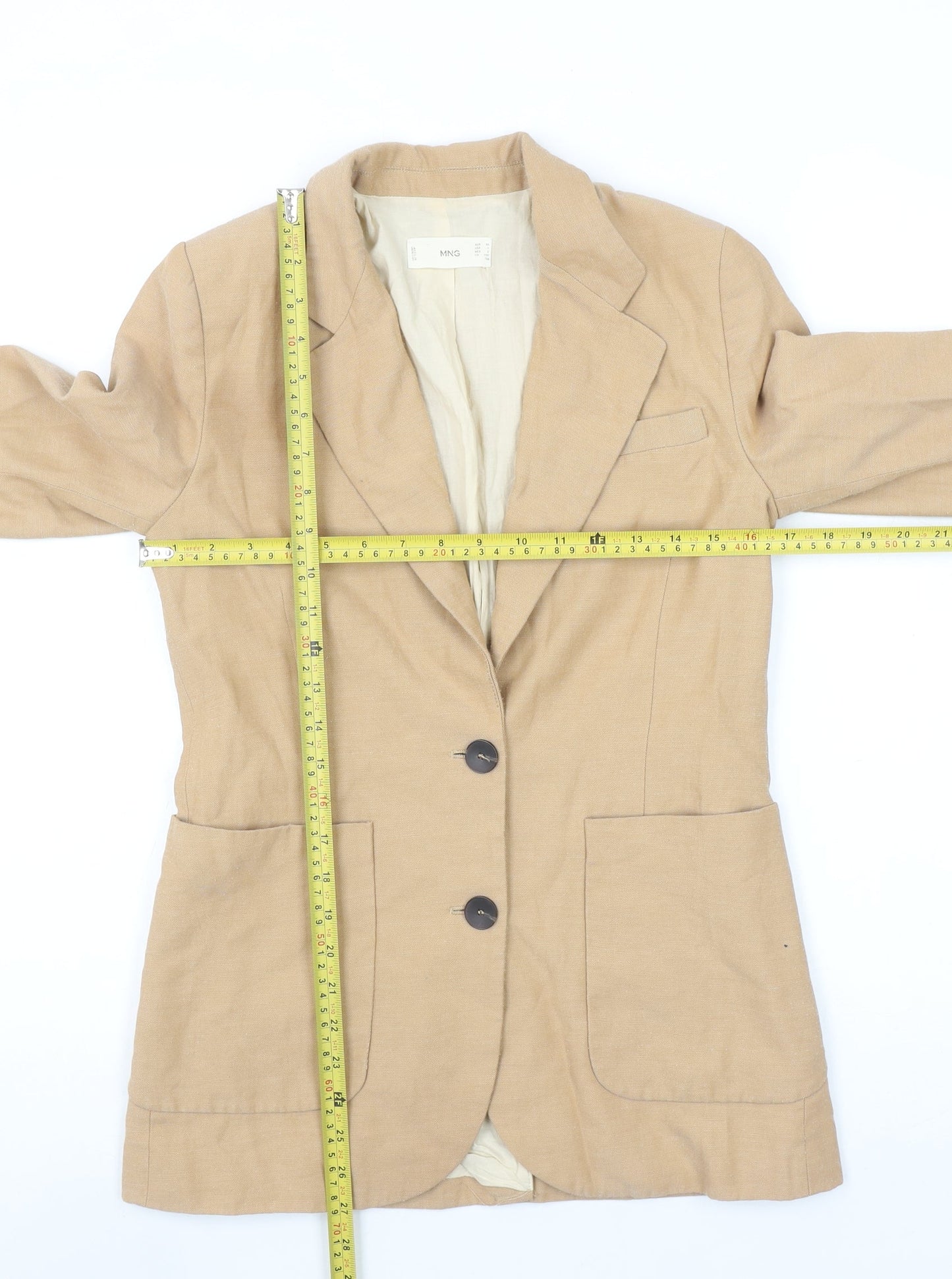 MNG Women Beige Linen Blend Single-Breasted Blazer Size 12