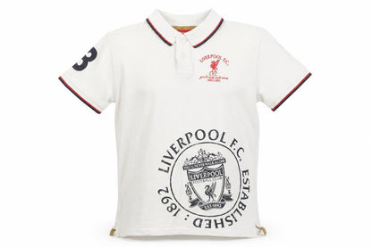 Front view of Liverpool FC boys’ white polo shirt 11-12 years football embroidered logo