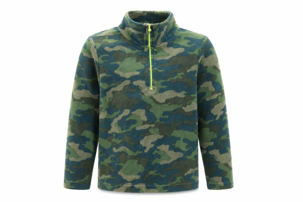 Front view of Mountain Warehouse boys’ green camouflage fleece 1/4 zip pullover sweatshirt 9-10 years