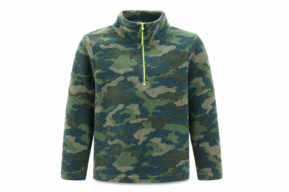 Front view of Mountain Warehouse boys’ green camouflage fleece 1/4 zip pullover sweatshirt 9-10 years