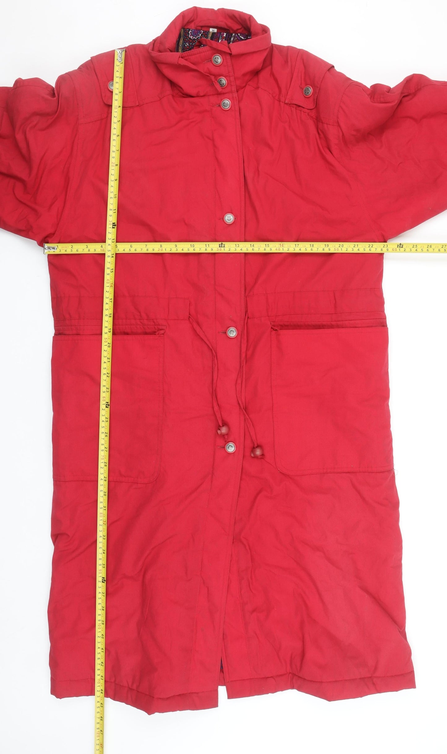 Eleganzé Women's Red Long Parka Coat Size M Hooded Cotton