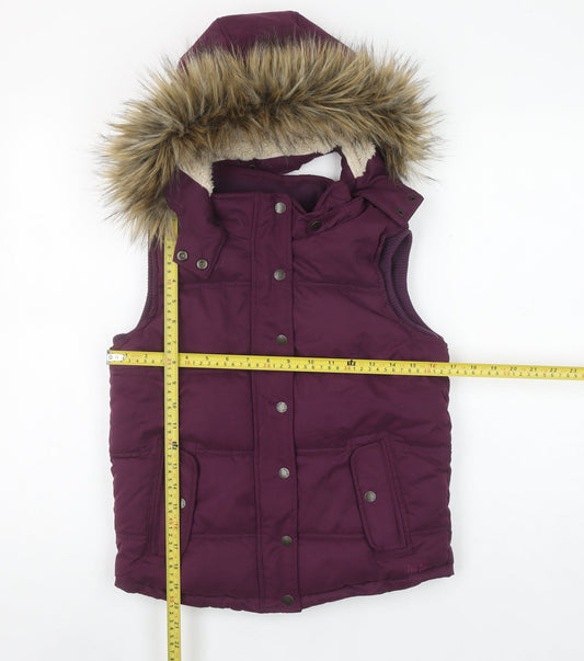 Fat Face Girls Purple Hooded Padded Gilet 10-11 Years Faux Fur Trim
