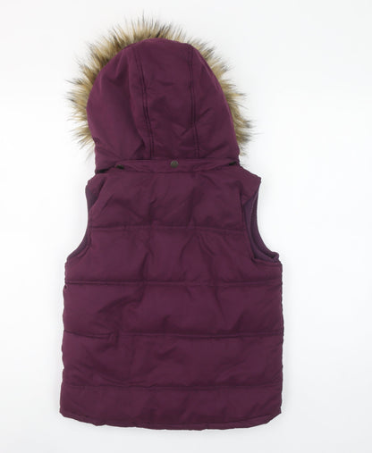 Fat Face Girls Purple Hooded Padded Gilet 10-11 Years Faux Fur Trim