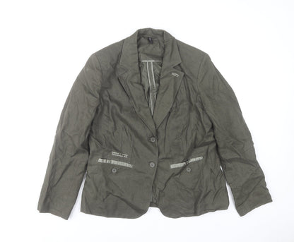 Soya Women’s Olive Green Linen Blazer L Single-Breasted Tailored Jacket