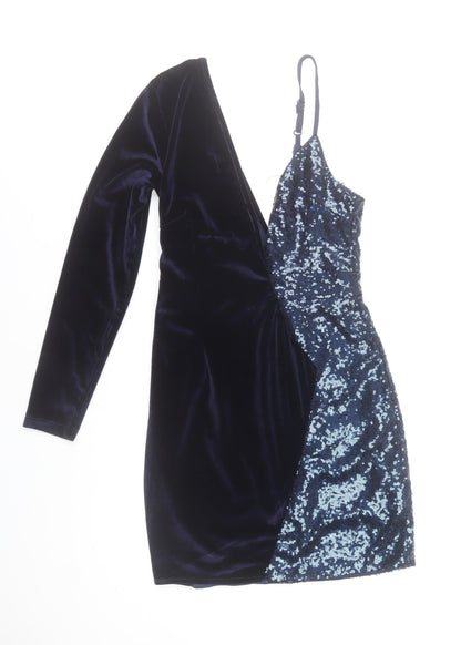 Boohoo Women Blue Size 8 Velvet & Sequin Asymmetric Bodycon Dress