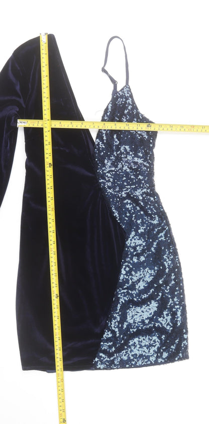 Boohoo Women Blue Size 8 Velvet & Sequin Asymmetric Bodycon Dress